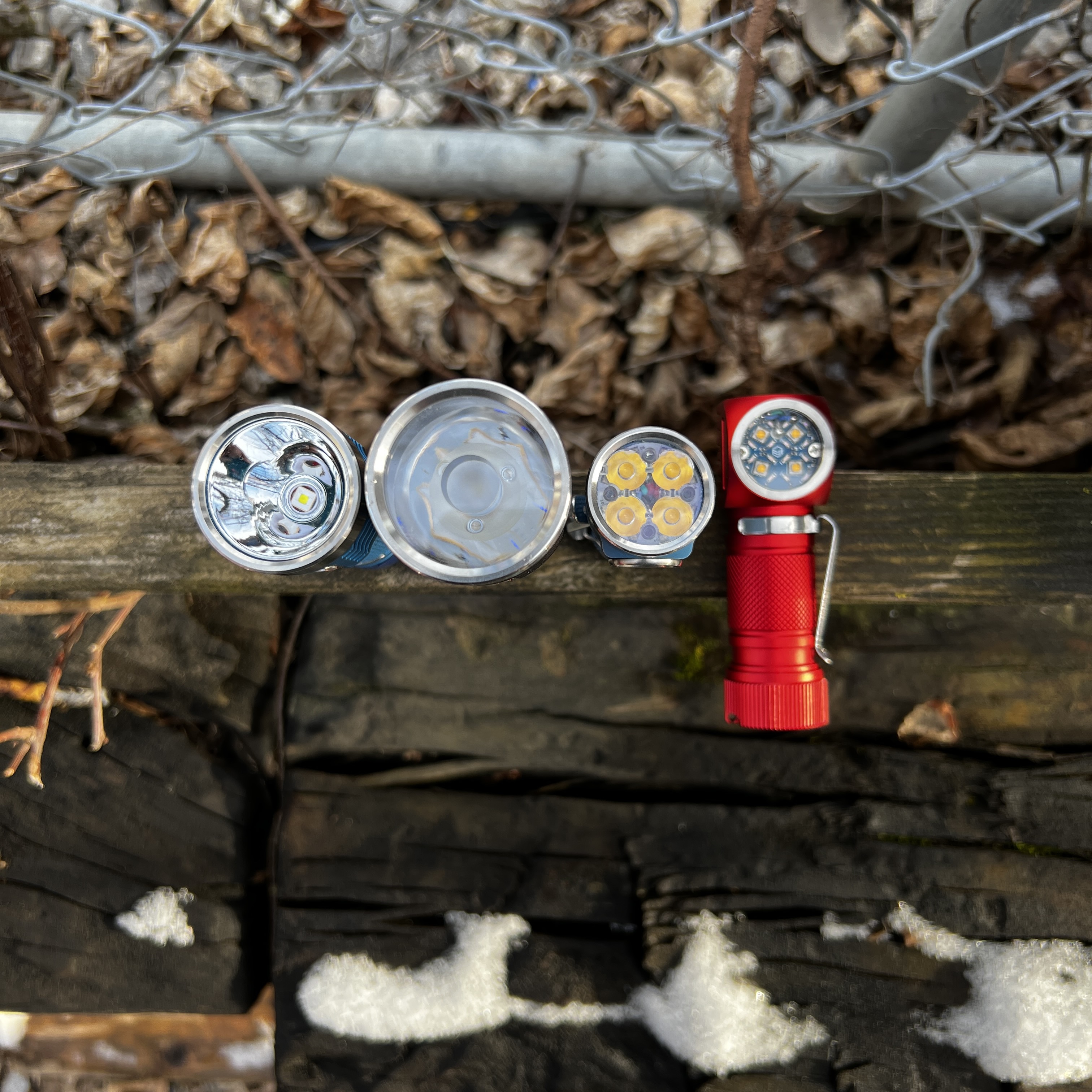 Different types of LED flashlight optics: Reflector, TIR, Multi TIR Quad, Mule